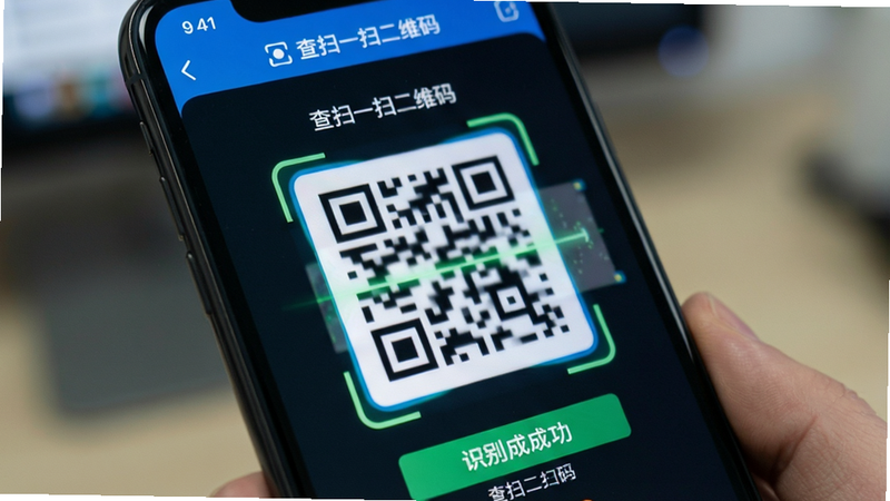 主体为手机屏幕特写,显示“查扫一扫二维码”APP正在高速处理一个略微模糊的二维码,背景虚化以突出屏幕内容,布局聚焦于扫描框与识别成功提示,排版紧凑高效,风格专业可靠,细节展现算法处理的动态感,画质锐利,干净无干扰元素