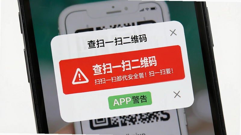 主体为手机屏幕显示“查扫一扫二维码”APP的安全警告弹窗,布局突出警告信息,排版醒目,风格警示性强,细节包含风险图标与提示文字,画质高清,干净无干扰背景