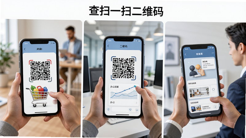 主体为多场景示意图,展示“查扫一扫二维码”在购物、办公、社交等不同背景下的应用,布局分格清晰,每个格子对应一个使用场景,排版均衡协调,风格生活化与商务风结合,细节丰富且真实,画质高保真,干净无冗余装饰