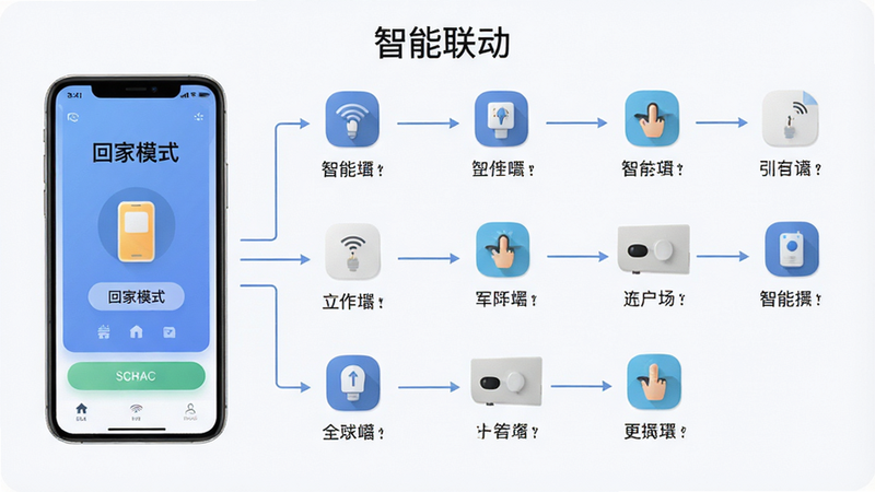 展示自动化场景联动的逻辑图,主体为手机界面显示“回家模式”已激活,布局为流程图形式,箭头连接各个设备图标,风格扁平化,细节简洁,画质清晰,干净背景,文字“智能联动”