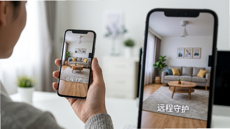 一个人在办公室用手机查看家中摄像头画面的场景,主体为手机屏幕显示客厅画面,布局左侧为人物,右侧为手机特写,风格写实,细节自然,画质逼真,干净背景,文字“远程守护”