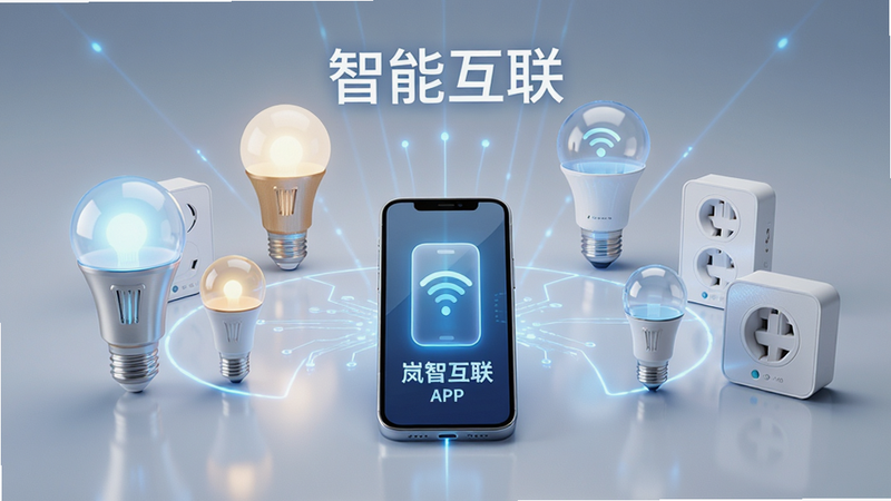 展示多种智能家居设备连接岚智家APP的场景图,主体为智能灯泡和插座,布局呈半圆形排列,中心为手机图标,风格科技感强,细节丰富,画质高清,干净背景,文字“智能互联”