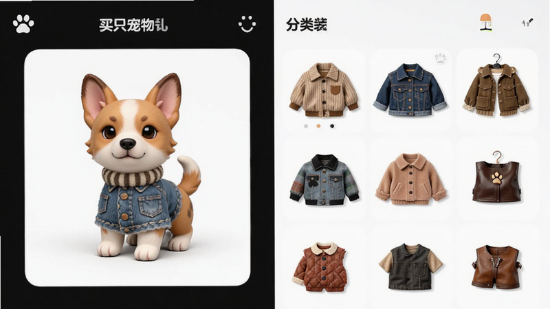 主体为“买只宠物”APP的装扮界面,布局左侧为宠物模型预览区,右侧为分类清晰的服装道具网格列表,排版整齐有序,风格时尚可爱,细节展示不同材质的衣服质感,画质细腻,干净,无多余元素