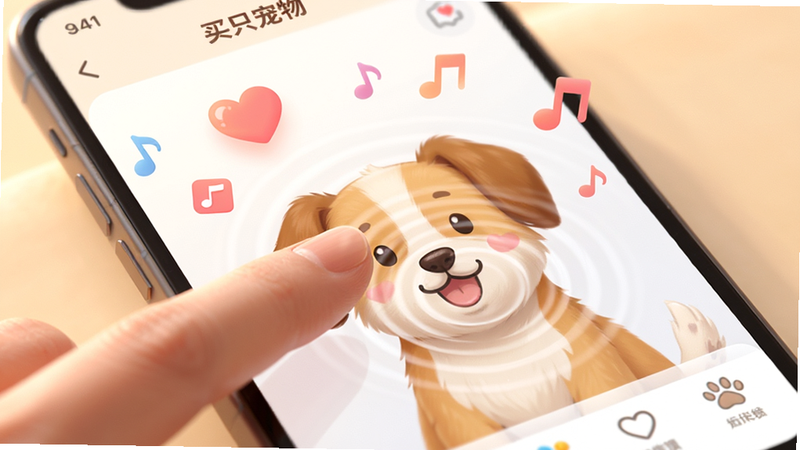 主体为“买只宠物”APP内的互动场景,布局展示手指点击屏幕宠物头部的特写,周围漂浮着爱心与音符图标,排版聚焦中心交互区域,风格温馨明亮,细节展现屏幕触控涟漪效果,画质高清,干净,无多余元素