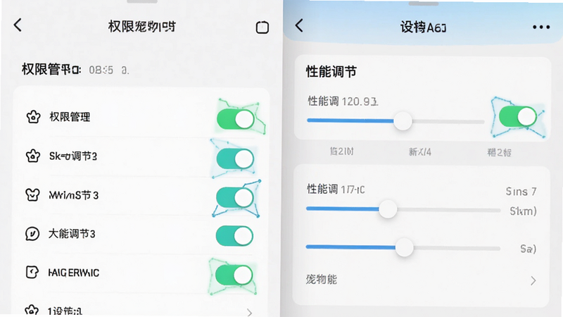 主体为“买只宠物”APP的设置界面预览,布局展示权限管理列表与性能调节滑块,排版清晰易读,风格简约科技,细节高亮显示关键开关状态,画质清晰,干净,无多余元素
