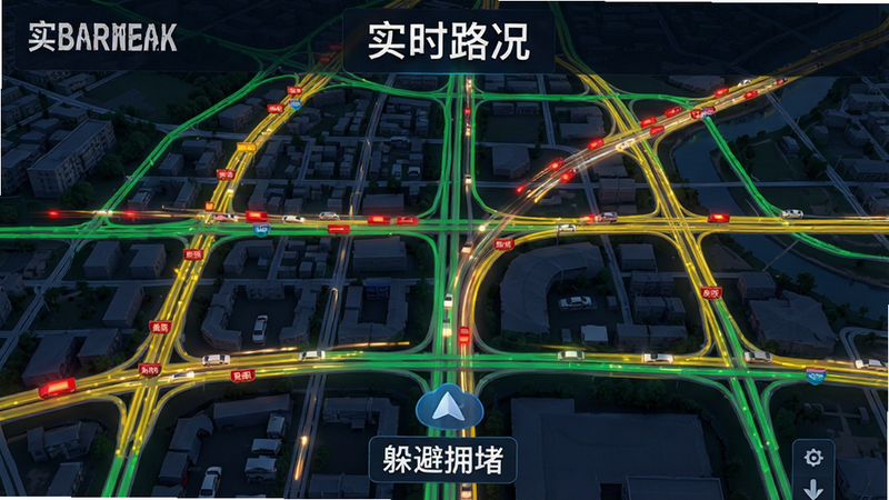 主体为BARMAK导航的路况视图,布局为城市地图俯瞰视角,红色表示拥堵,黄色表示缓行,绿色表示畅通,排版覆盖主要干道,风格为数据可视化风格,细节包含动态流动的光点效果表示车流,画质高保真,干净,无多余元素,文字显示