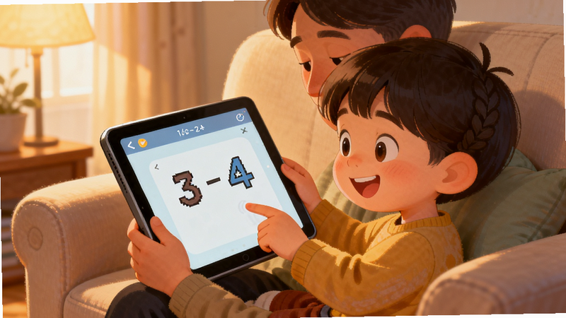 Boogu-Image: A warm, cozy living room scene illustration. A parent and a child are sitting on a sofa, holding a tablet together, smiling and pointing at the screen. The screen displays a simple math puzzle. The atmosphere is happy and bonding. Style: Digital illustration, soft lighting, warm tones, detailed facial expressions, high quality.