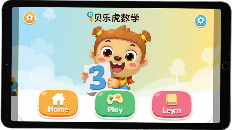 Boogu-Image: A high-quality, clean interface mockup of the '贝乐虎数学' app on a tablet screen. The layout features a colorful, child-friendly dashboard with large, rounded buttons labeled