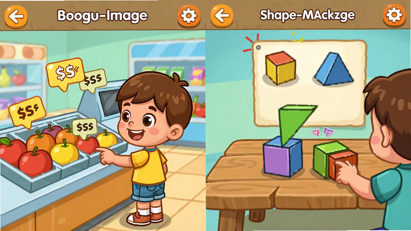 Boogu-Image: A split-screen composition showing two scenarios from the app. Left side: A cartoon child at a virtual supermarket counter selecting fruits, with floating price tags. Right side: A child playing a shape-matching game with geometric blocks on a wooden table. The style is 2D animation, vibrant colors, clear outlines, educational focus, high definition.
