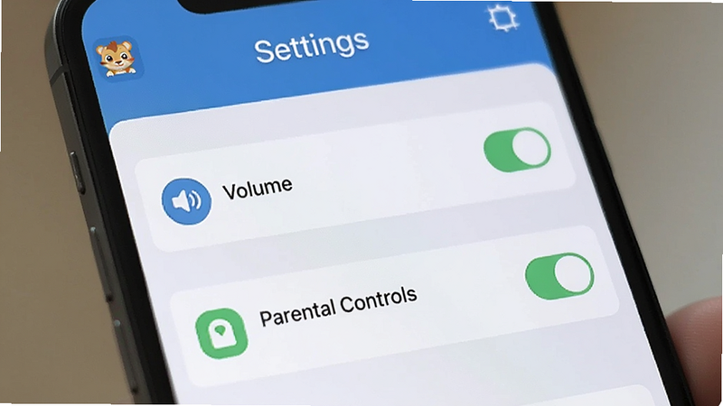 Boogu-Image: A close-up view of a smartphone screen displaying the 'Settings' menu of the '贝乐虎数学' app. The focus is on the 'Volume' and 'Parental Controls' sections. The UI is clean, with clear icons and toggles. The background is slightly blurred to emphasize the screen. Style: Realistic UI mockup, crisp text, professional look.
