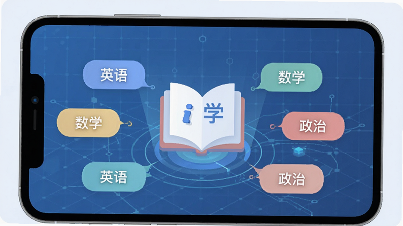 ����һ��չʾ��iѧ��APP��Դ�����ĸ���ͼ������������һ��չ�����鱾ͼ�꣬��Χ�����Ų�ͬѧ�Ƶķ����ǩ�硰Ӣ�������ѧ���������Ρ�������Ϊ����ɫ�Ƽ�����������Դ�ḻ���Ӿ�Ч��������ƽ����ɫ����ͣ������ұ���