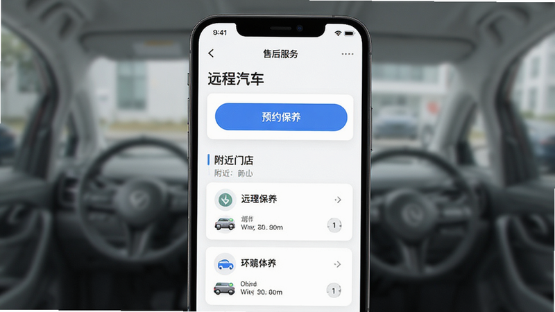 “远程汽车”APP的售后服务页面,显示“预约保养”按钮和附近门店列表,主体为服务卡片,布局垂直排列,排版清爽,风格亲和专业,细节完整,画质清晰,干净简洁