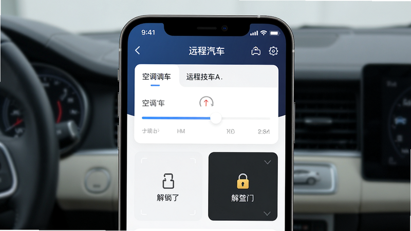 手机界面展示“远程汽车”APP的远程控车模块,显示空调温度调节滑块和车门解锁状态,主体为APP界面,布局居中,排版工整,风格科技感,细节清晰,画质高清,干净无杂乱