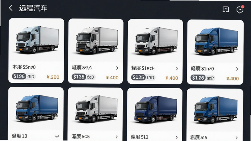“远程汽车”APP内的车型展示页面,显示不同型号货车图片及价格区间,主体为商品列表,布局网格状,排版美观,风格电商展示,细节丰富,画质清晰,干净无杂