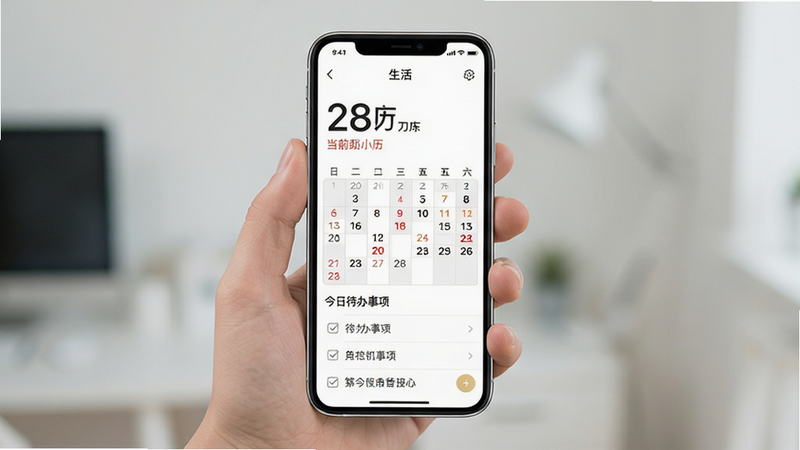 生活日历APP界面全景图,主体为手机屏幕显示的生活日历主页,布局清晰分为上下两部分,上部显示当前日期大号数字及农历,下部列出今日待办事项,排版简洁现代,风格清新扁平化,细节展现日历格子中的红黑字体区分,画质高清,干净,无多余元素