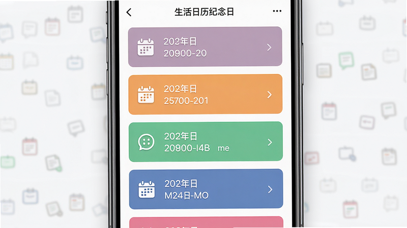 生活日历纪念日列表界面,主体为手机屏幕显示的纪念日管理页,布局为垂直排列的卡片列表,每个卡片包含图标、日期和名称,排版整齐有序,风格简约商务,细节展示不同颜色的卡片背景以区分类型,画质高保真,干净,无多余元素