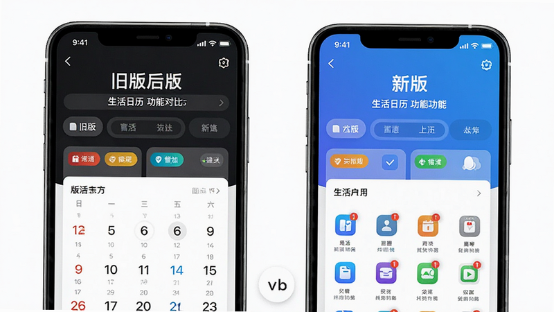 生活日历新版功能对比图,主体为手机屏幕显示的旧版与新版界面并排对比,布局左右分栏,排版对称,风格科技感,细节展示新版增加的彩色标签和图标,画质高清,干净,无多余元素