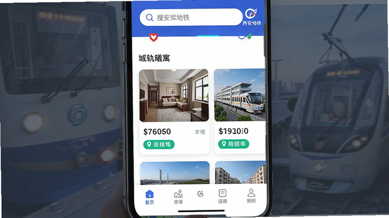 主体为手机屏幕界面,显示城轨曦寓App首页,布局清晰,顶部有搜索栏和“西安地铁”Logo,中间展示精选房源卡片,包含房屋图片、价格、位置标签,底部有导航栏。排版简洁现代,风格为扁平化设计,细节处体现科技感,画质高清,干净无多余元素,文字清晰可见“城轨曦寓”