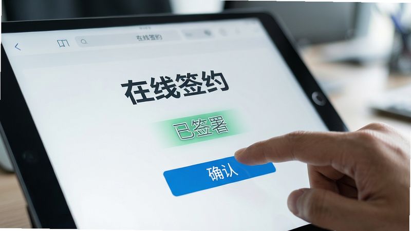 主体为平板电脑界面,显示电子合同签署页面,布局中心聚焦,手指点击确认按钮的特写,背景虚化。排版聚焦核心操作,风格为科技感商务风,细节处高亮显示“已签署”,画质清晰,干净,无多余元素,文字显示“在线签约”