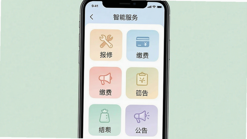 主体为手机App界面,显示服务大厅模块,布局网格化,包含报修、缴费、公告等图标,色彩柔和。排版整齐有序,风格为极简主义,细节处图标清晰,画质高,干净,无多余元素,文字标签“智能服务”