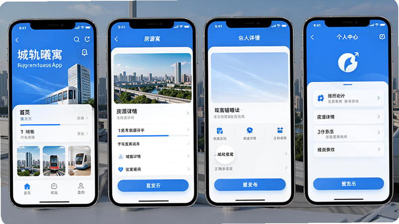 主体为多部手机排列展示城轨曦寓App不同功能界面,布局横向展开,包含首页、房源详情、个人中心等页面,风格为科技蓝白配色,细节处界面元素清晰,画质高清,干净,无多余元素,文字显示“城轨曦寓”