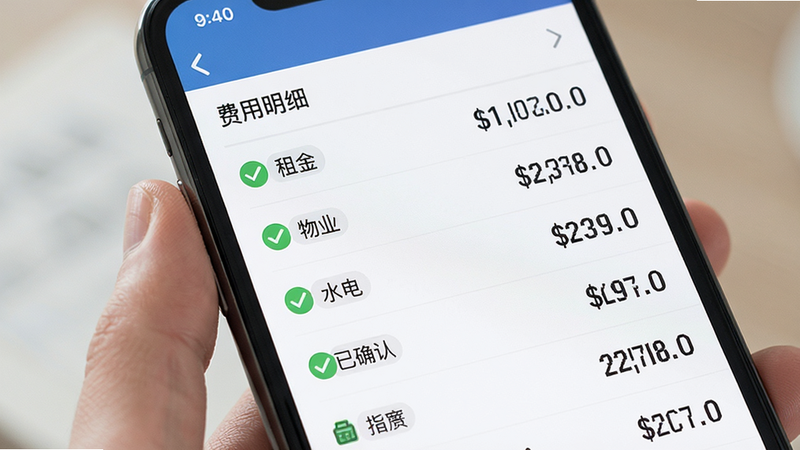 主体为手机界面显示费用明细列表,布局纵向排列,包含租金、物业、水电等条目,金额数字清晰,风格为简洁商务风,细节处对号图标表示已确认,画质清晰,干净,无多余元素,文字显示“费用明细”