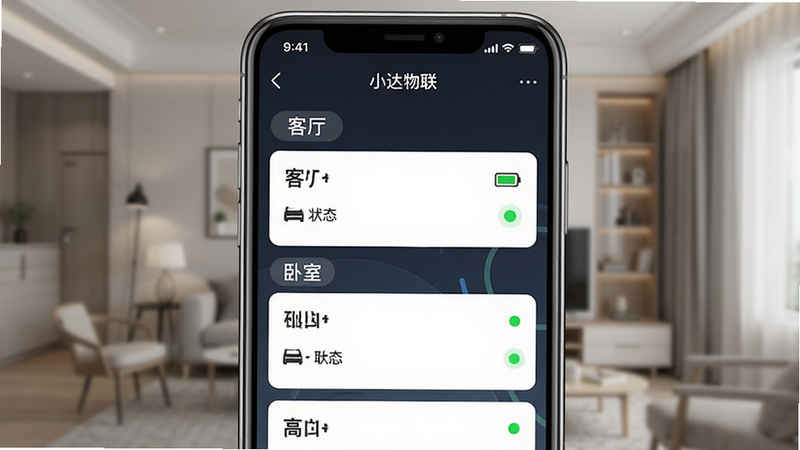 手机屏幕界面截图风格,显示“小达物联”APP的设备管理列表,清晰可见“客厅”、“卧室”分组标签,布局整齐,排版现代UI风格,细节显示电量图标和状态点,画质清晰,干净无水印