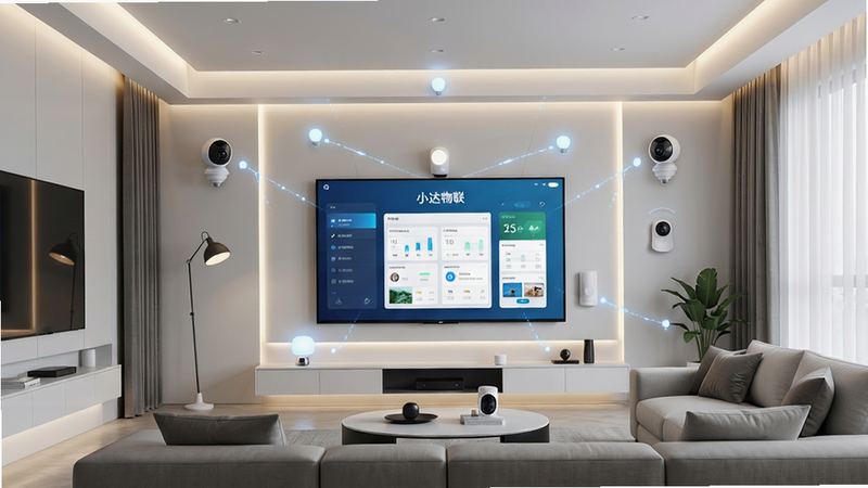 一张高清现代智能家居客厅全景图,主体为整洁明亮的室内空间,中央放置着显示“小达物联”应用界面的大型智能中控屏,周围环绕着智能灯带、摄像头和传感器,布局对称平衡,排版清晰,风格极简科技风,细节丰富展现连接感,画质8k,干净无多余元素