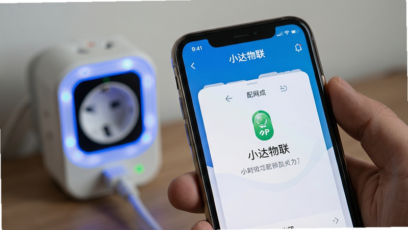 特写镜头展示一只手持智能手机,手机屏幕上清晰显示“小达物联”APP的配网成功界面,背景虚化显示一个正在闪烁蓝光的智能插座,主体突出,布局聚焦,排版简洁,风格写实摄影,细节清晰,画质高清,干净无干扰