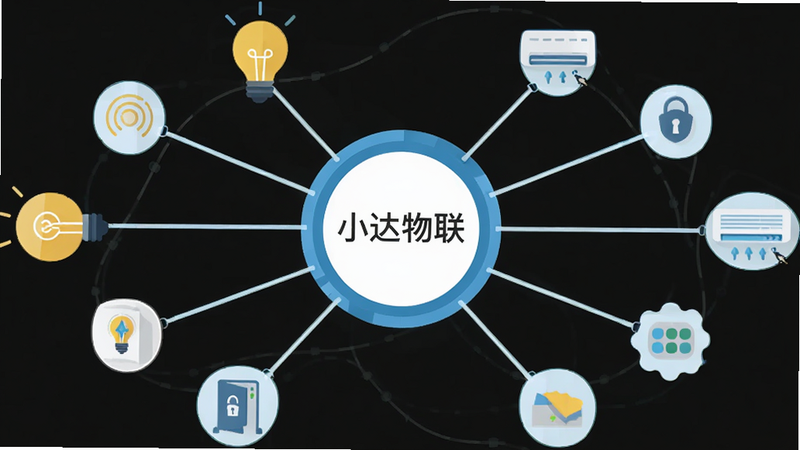 概念插画,展示一个抽象的圆形枢纽,中心写着“小达物联”,向外辐射出多条光线连接着灯泡、门锁、空调等图标,布局呈放射状,排版逻辑清晰,风格扁平化设计,细节丰富,画质清晰,干净无背景杂色