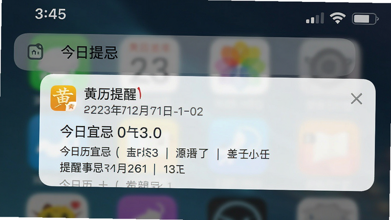 主体为手机通知栏界面,背景模糊处理,焦点集中在弹出的黄历应用通知卡片上,布局简洁,通知内容包含日期与提醒事项,风格为真实UI截图风,细节展示手机状态栏时间,画质逼真,干净,无多余元素,文字包含“黄历提醒”、“今日宜忌”