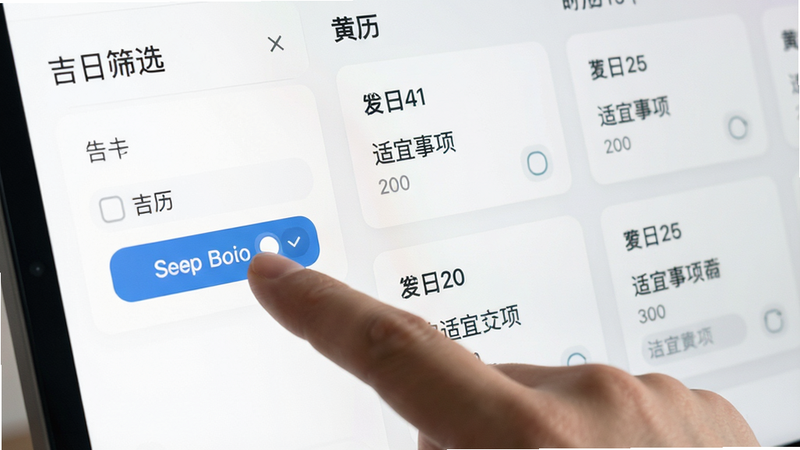 主体为软件功能界面特写,布局采用卡片式设计,左侧为筛选条件栏,右侧为吉日列表,每个卡片上标注日期与适宜事项,风格为现代极简扁平化,细节展示手指点击筛选按钮的动作,画质清晰,干净,无多余元素,文字包含“吉日筛选”、“黄历”