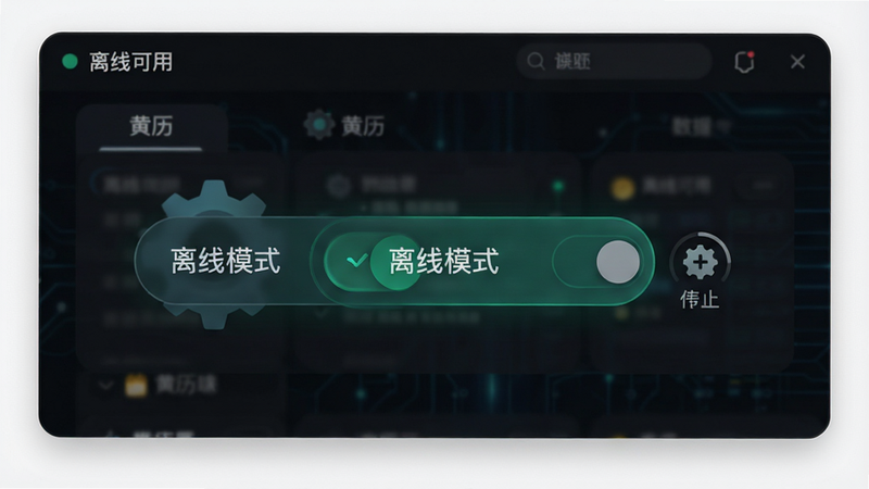 主体为软件设置界面,展示“离线模式”开关被激活的状态,背景为深色调,布局突出开关按钮,风格为科技感暗色模式,细节展示齿轮图标与数据同步停止图标,画质高清,干净,无多余元素,文字包含“离线可用”、“黄历”