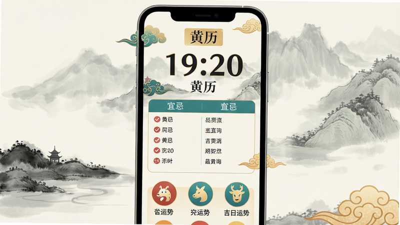 主体为手机屏幕界面,背景为淡雅的中国风水墨渲染,布局清晰分为上下两部分,上部显示大号数字日期与“黄历”标题,中部展示宜忌列表,下部为生肖运势图标,排版工整,风格为清新国潮风,细节处有祥云纹样点缀,画质高清8k,干净无多余元素,文字包含“黄历”、“吉日查询”