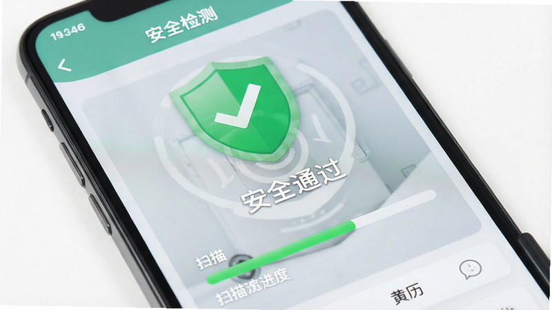 主体为手机安全扫描界面,显示“安全通过”的绿色盾牌图标,布局简洁,背景为白色,风格为信任感强的UI设计,细节展示扫描进度条,画质高清,干净,无多余元素,文字包含“安全检测”、“黄历”