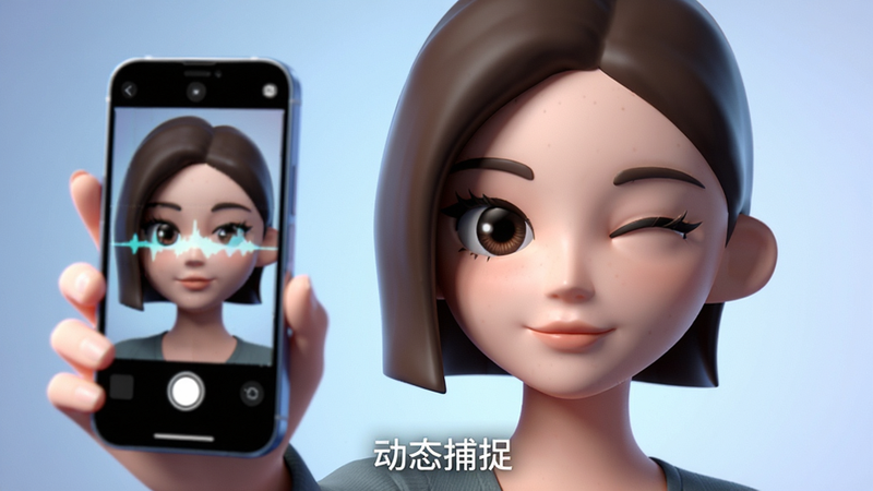 一个3D虚拟女性角色正在对着手机镜头做眨眼动作,手机屏幕中显示着对应的表情驱动波形图。角色面部表情生动自然,眼神灵动。背景为柔和的浅蓝色渐变,营造科技氛围。风格为数字艺术插画,细节精致,画质清晰,无多余装饰,文字“动态捕捉”位于底部,排版居中,整体画面和谐统一。
