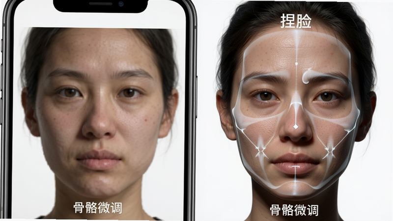对比图展示,左侧为普通APP生成的粗糙人脸,右侧为“捏脸”软件微调骨骼后的高精度人脸。右侧图像细节丰富,皮肤纹理清晰,光影立体。背景为纯白色,突出主体差异。风格为写实摄影级渲染,画质极高,无噪点,文字标注“骨骼微调”,整体视觉冲击力强,简洁明了。