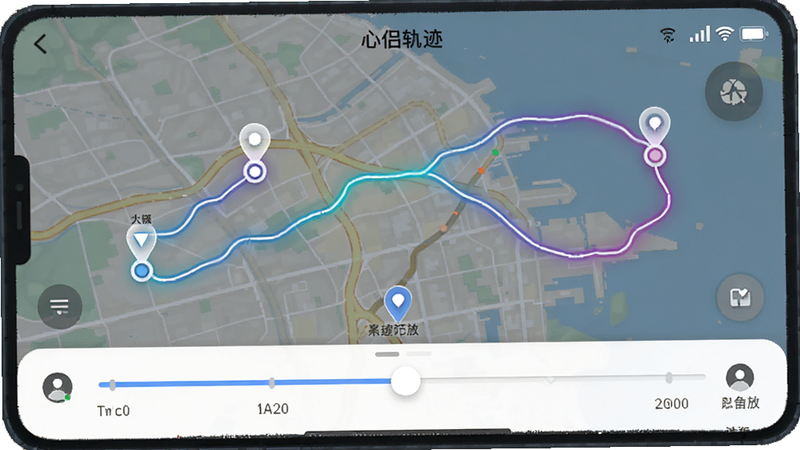 ���¹켣App���㼣�طŽ��棬��Ļ����ʾһ����ɫ�Ĺ켣�����Ѵ�����ͼ���켣�����м����ؼ��ڵ��ǣ��·���ʱ���Ử�飬�û����Կ�����ͬʱ����λ�ã�����������ţ�ǿ����ʷ��¼�Ŀ����ԣ�ϸ�ڷḻ������ϸ��