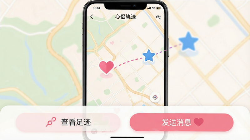 һ�Ÿ������ȵ��ֻ������ͼ������Ϊ���¹켣App�������棬��Ļ������ʾ�ž����ĵ�ͼ��������ͼ����һ����ɫ����ͼ������û�λ�ã��Ա���һ����ɫ����ͼ���������λ�ã�����֮�����������ӣ�����ײ��С��鿴�㼣���͡�������Ϣ��������ť����������ܰ������ɫ����ͣ������������޶���ˮӡ