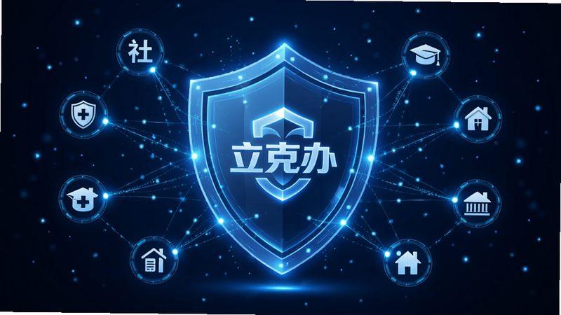 概念图展示一个巨大的虚拟蓝色盾牌,盾牌中心是一个发光的“立克办”Logo,盾牌周围环绕着多个小型图标,分别代表社保、医疗、教育、住房等不同领域,图标之间通过光线连接,象征数据互联。背景为深蓝色科技感空间,点缀着微小的光点,布局呈放射状,排版紧凑而有序,风格具有未来科技感,细节丰富,画质锐利,干净无杂乱元素。