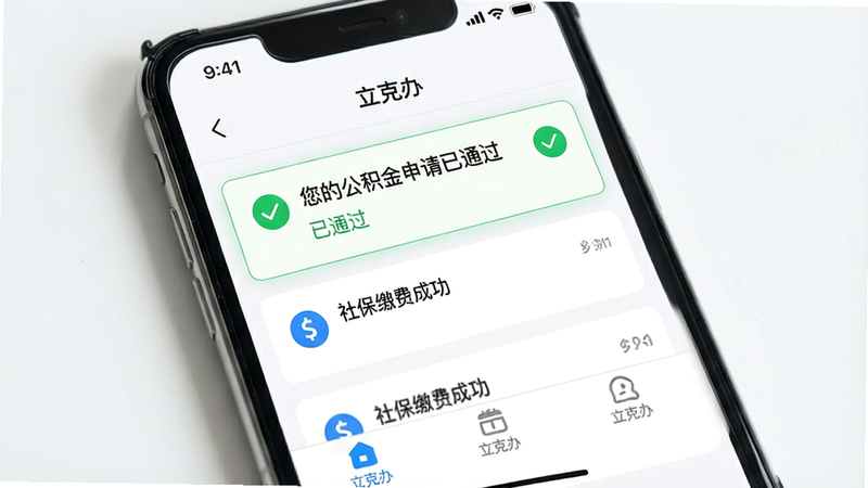 展示“立克办”App的消息通知界面,手机屏幕背景为白色,顶部显示时间,中间有几条清晰的通知卡片,第一条高亮显示“您的公积金申请已通过”,带有绿色对勾图标,第二条显示“社保缴费成功”,带有蓝色钱币图标。屏幕下方隐约可见“立克办”App的底部导航栏。背景为纯白色,布局垂直排列,排版整洁,风格清新明亮,细节清晰,文字“立克办”、“已通过”清晰可读,画质高清,干净无多余装饰。