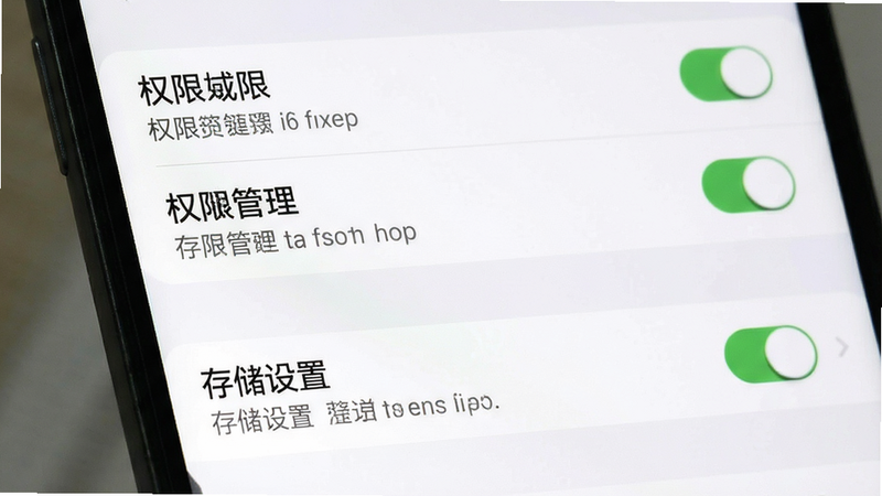 主体为手机设置界面截图,高亮显示“权限管理”与“存储设置”选项,背景为浅白色,布局为列表形式,风格为系统原生界面风格,细节包括开关按钮、文字说明,画质清晰,干净,无多余元素