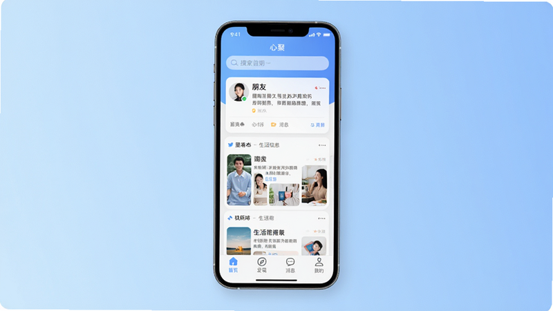 主体为手机屏幕界面,显示“心聚”App首页,背景为柔和的渐变蓝色,布局清晰,顶部有搜索栏,中间是卡片式的朋友动态与生活信息流,底部是导航栏,包含“首页”、“发现”、“消息”、“我的”四个图标,风格为现代扁平化设计,细节丰富,画质高清,干净,无多余元素
