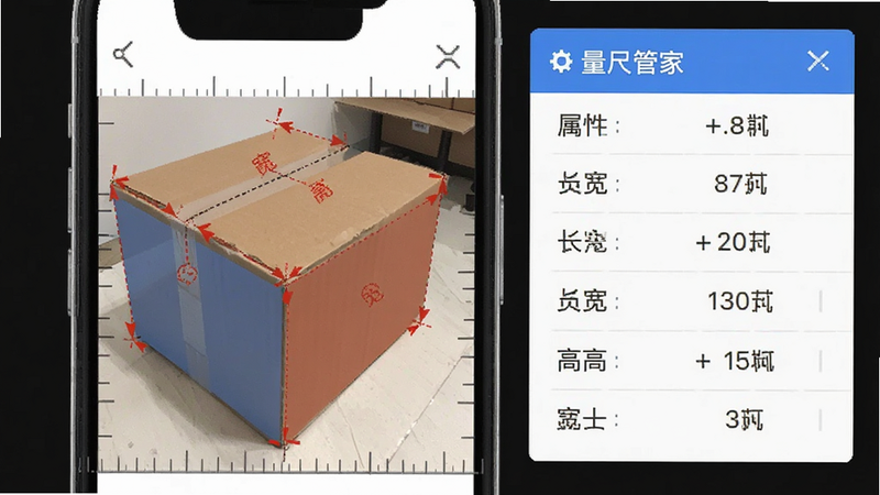 生成量尺管家照片标注界面的截图,主体为手机屏幕,显示一张拍摄的纸箱照片,照片上叠加了红色的测量线段和面积填充区域,旁边有悬浮的属性面板显示长宽高数值,布局左右分栏,左侧图片右侧数据,排版紧凑有序,风格扁平化UI设计,细节显示标尺刻度纹理,画质清晰,干净,无多余元素