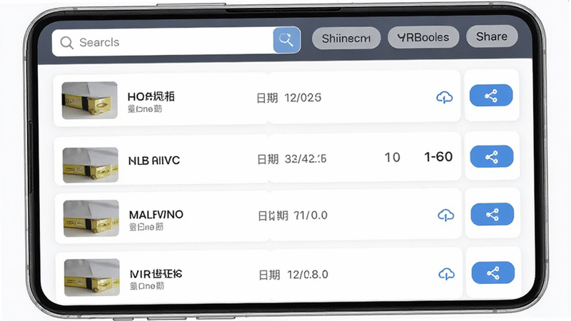 生成量尺管家数据管理界面预览,主体为手机列表视图,每一行显示一个测量项目卡片,包含缩略图、名称、日期和数值,顶部有搜索框和筛选标签,布局列表式,排版整齐,风格极简商务风,细节显示云同步图标和分享按钮,画质高清,干净,无多余元素