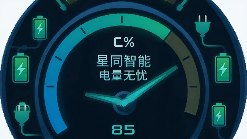 一个圆形的电量仪表盘UI设计,背景为深色,指针指向85%,周围环绕着绿色的电池图标和充电插头图标,中心文字显示“星同智能 电量无忧”,风格科技感强,色彩以蓝绿为主,清晰易读,矢量图风格,边缘平滑