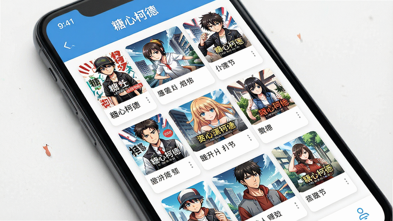 主体为手机屏幕特写,显示“糖心柯德”APP界面,布局为垂直滚动漫画列表,排版整洁,风格为现代简约扁平化设计,细节处展示高清漫画封面缩略图,画质清晰,干净,无多余元素