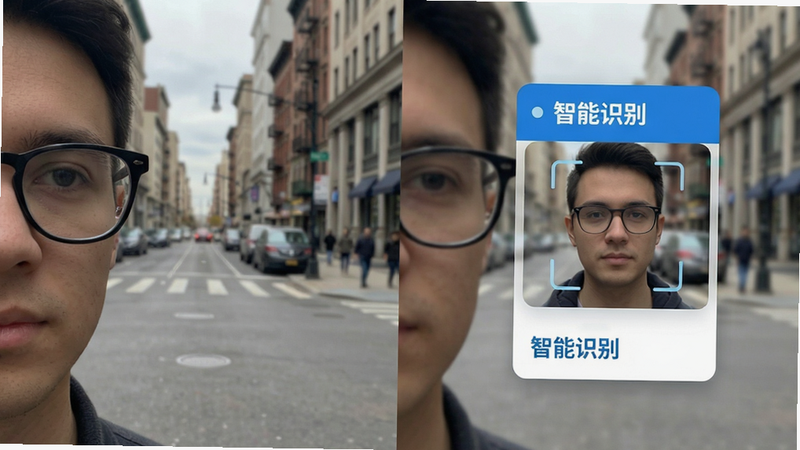 分屏对比图设计,左侧展示用户佩戴眼镜视角下的城市街道实景,右侧展示叠加在实景上的AR识别信息卡片,卡片上清晰标注
