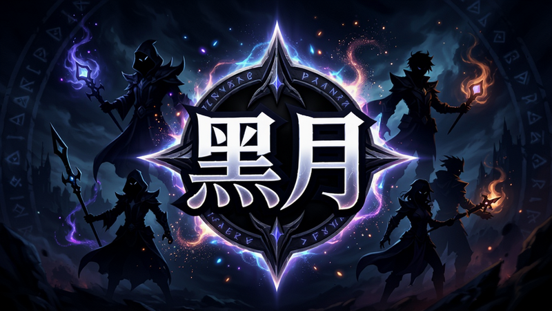 主体:游戏宣传海报,中央为“黑月”Logo,周围环绕着角色剪影和魔法特效;布局:居中对称构图,视觉冲击力强;排版:Logo醒目,背景深邃;风格:史诗感,神秘,大气;细节:Logo发光,特效粒子丰富;画质:高清,色彩饱和度高,无杂色