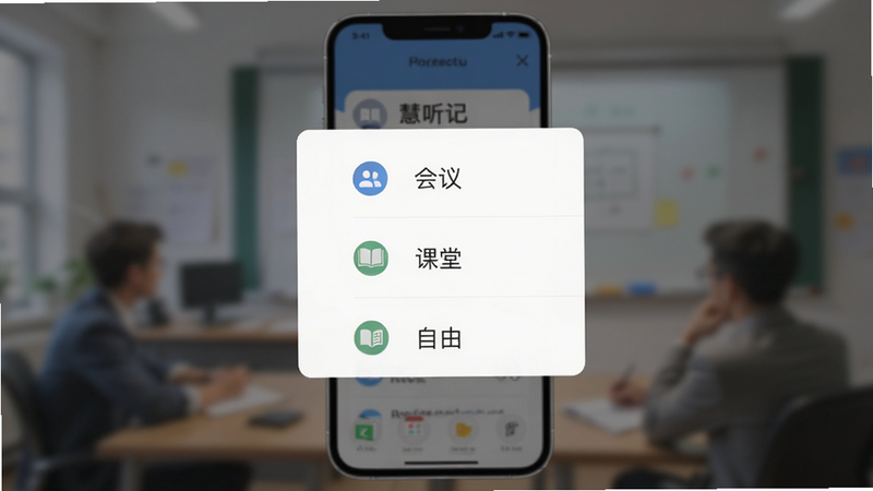 慧听记多场景模式选择界面图,主体为手机弹窗菜单,显示“会议”、“课堂”、“自由”等选项,布局居中悬浮,排版简约,风格扁平UI设计,细节处有图标点缀,画质锐利,背景虚化突出主体